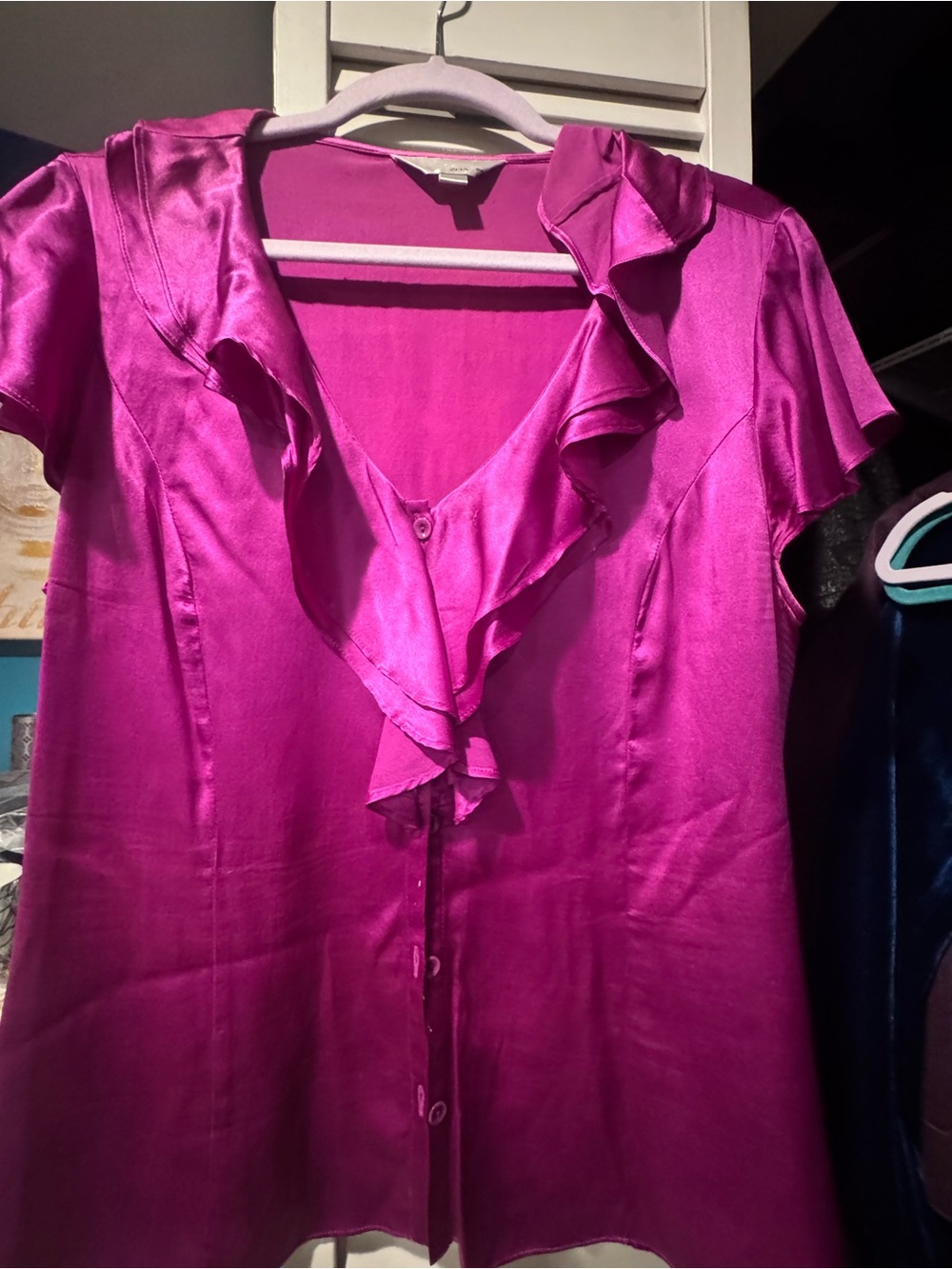 Zoa Fuchsia Silk Ruffle Front Button Blouse large